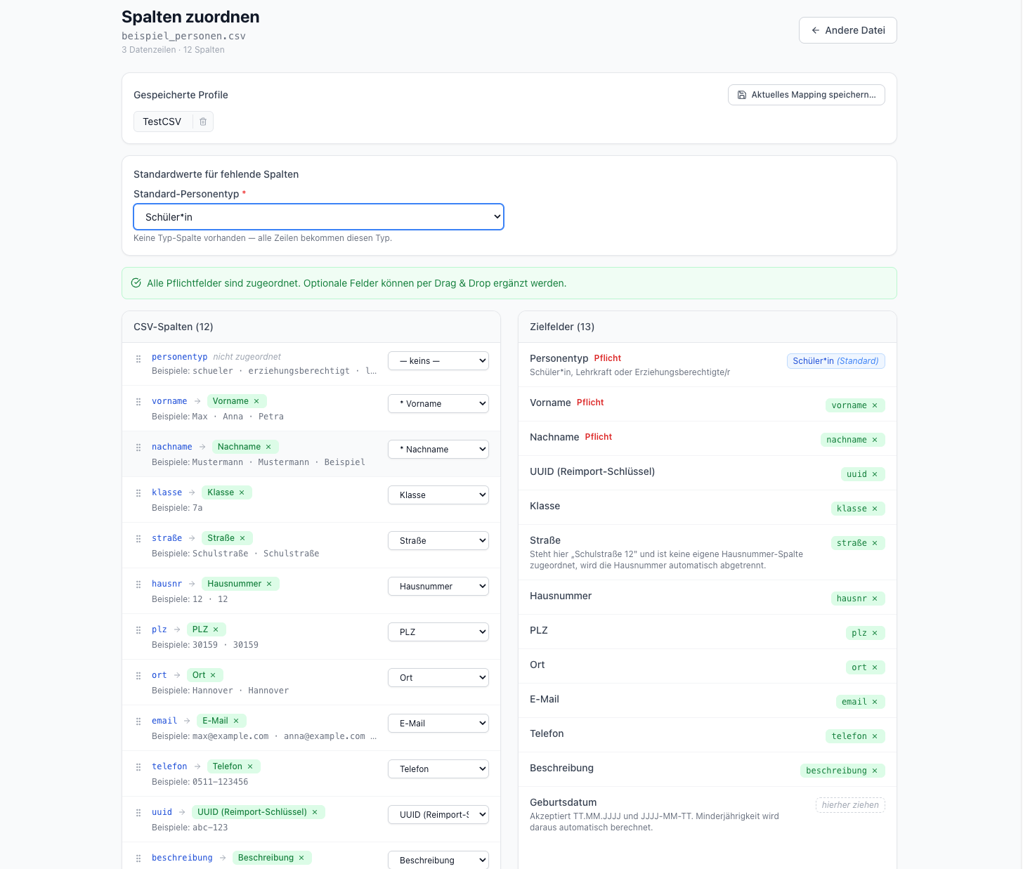 CSV-Spalten-Mapping mit Drag-and-Drop-Zuordnung, Pflichtfeld-Validierung und speicherbarem Mapping-Profil