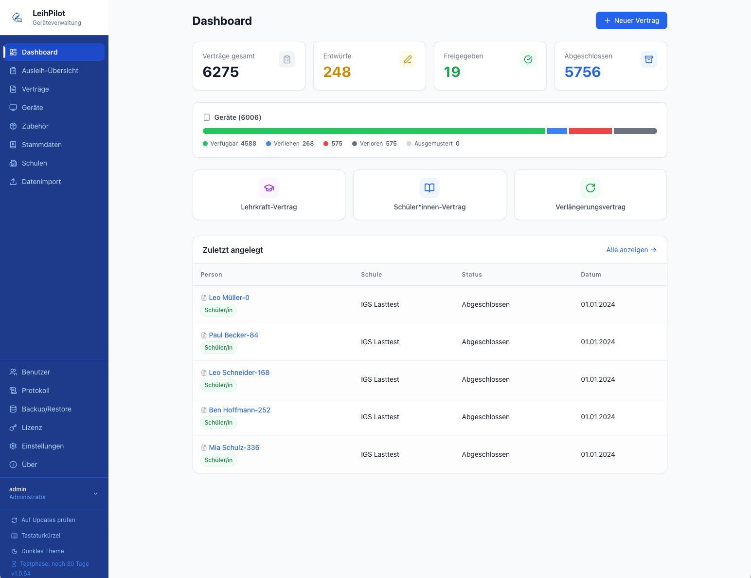 LeihPilot-App: Dashboard mit Vertragsstatistik, Geräte-Auslastung und Schnellaktionen