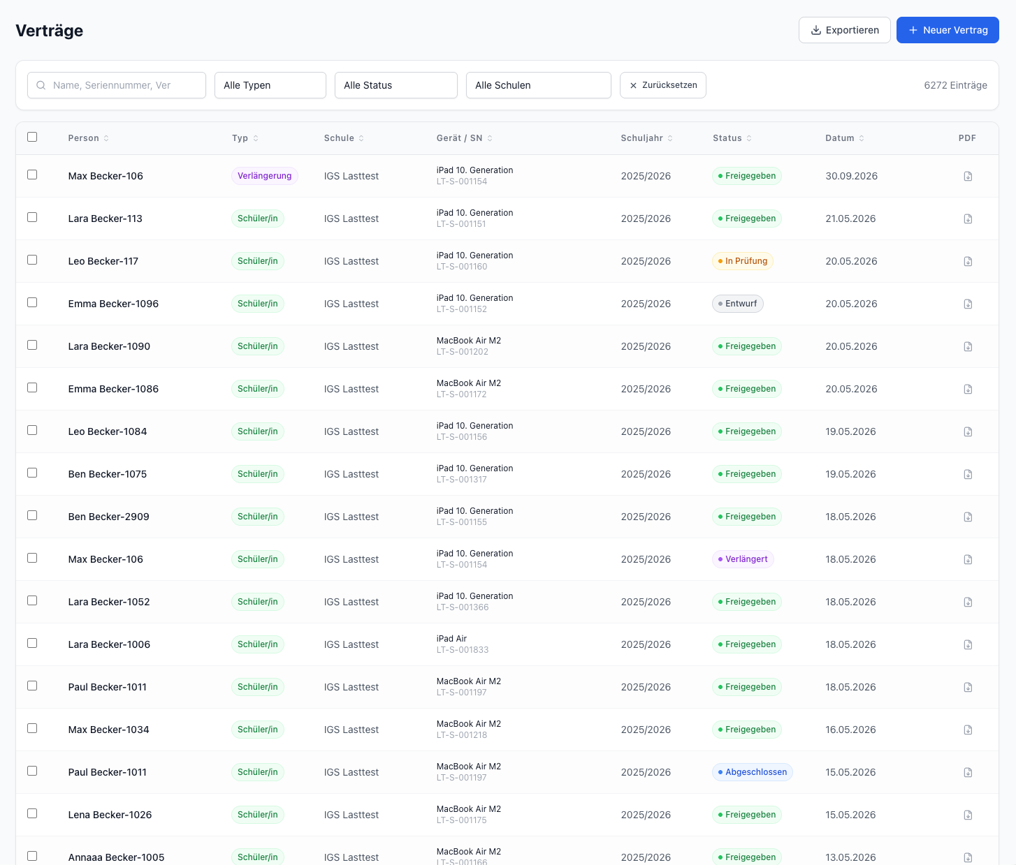 Vertrags-Liste mit Filtern und Status-Badges